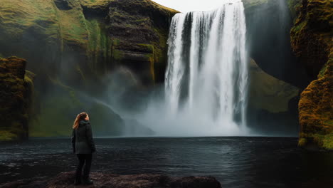 Woman gazing at a majestic waterfall in Iceland