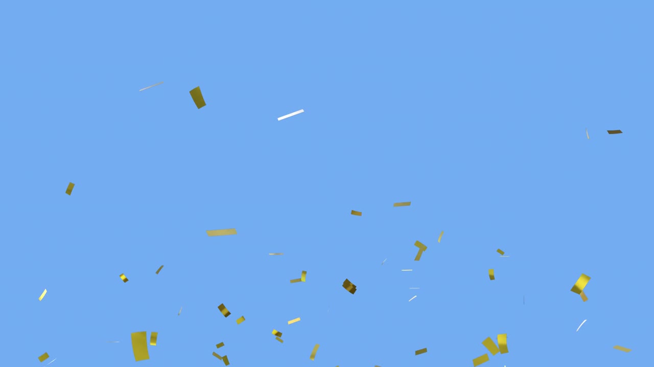 떠다니는 풍선과 청색 배경에 떨어지는 황금 콘페티  ⁇ 어리