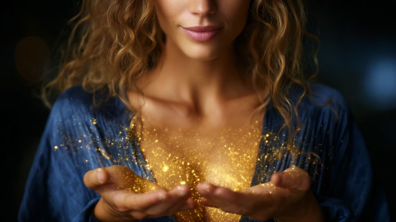 Enchanting Moment of Transformation: A Captivating Scene Featuring a Woman with Curly Hair, Emitting a Shower of Golden Sparkles from Her Hands, Symbolizing Magic and Wonder in an Ethereal Setting