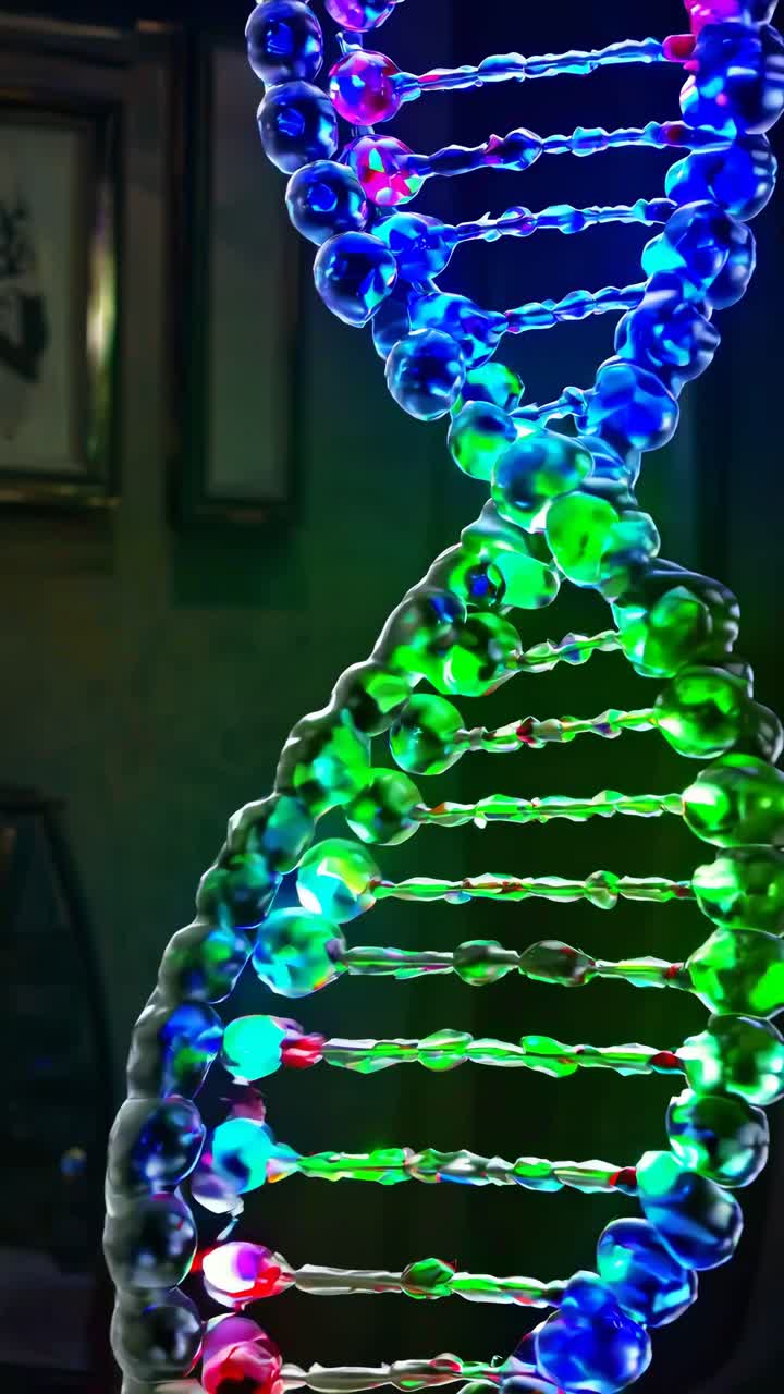 Close-up video of a colorful DNA helix, showcasing glowing strands in a dark setting