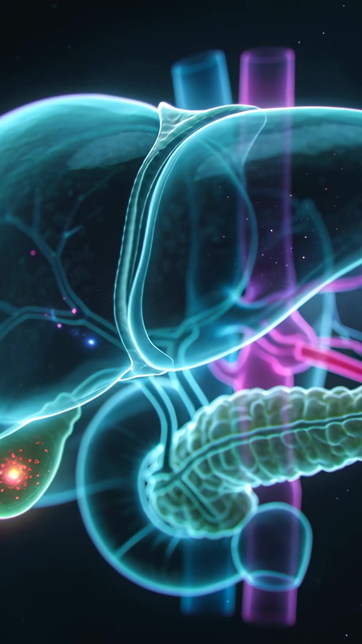 Vertical video: Showing dots forming, gallbladder pulsing, moving via cystic duct to duodenum in 3D