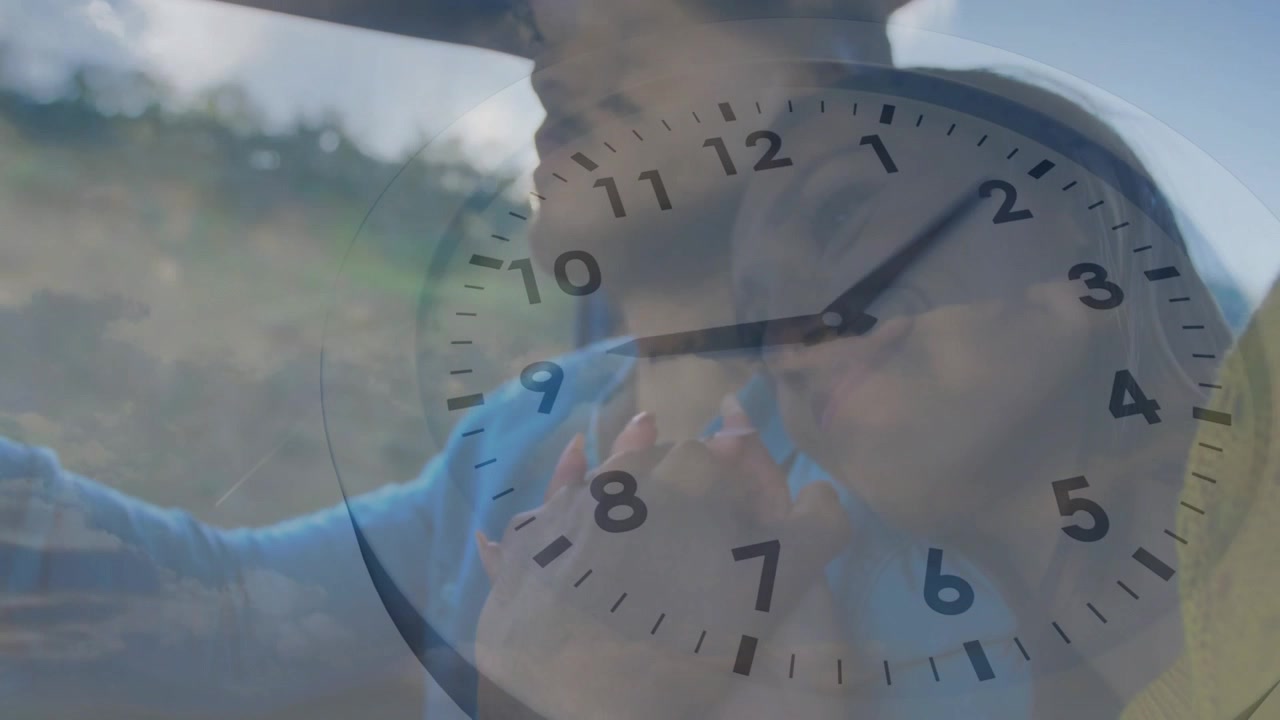 Driver reaching for passenger during travel, clock overlay advancing, hands clasping for comfort