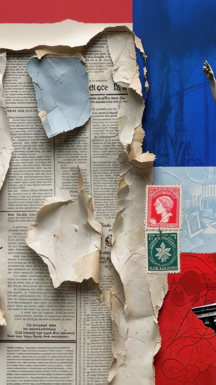 Vertical video: Panning camera revealing collage on interior wall, peeling wallpaper, stamps