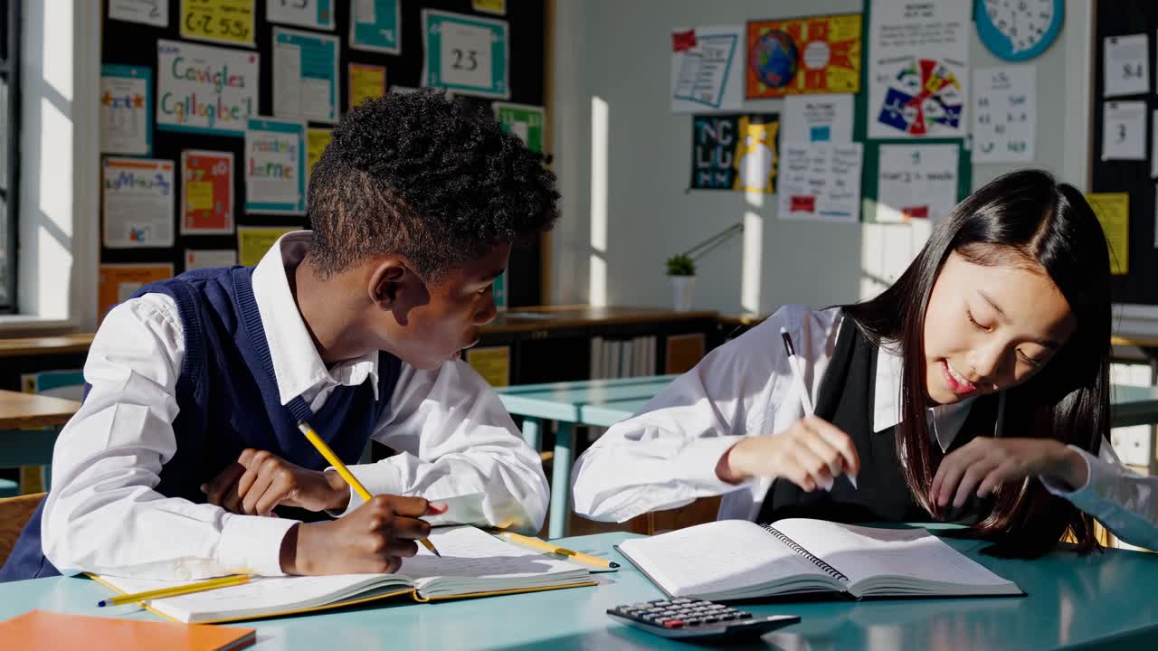 A classroom video scene with a low-angle shot showing two students focused on writing