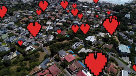 vista de una ciudad y iconos de corazón digital 4k