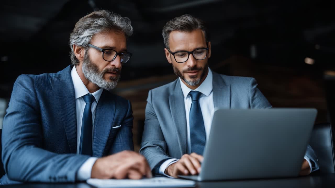 Two Business Professionals Collaborating on a Laptop in a Modern Office Environment, Engaged in a Productive Discussion and Analyzing Data and Trends