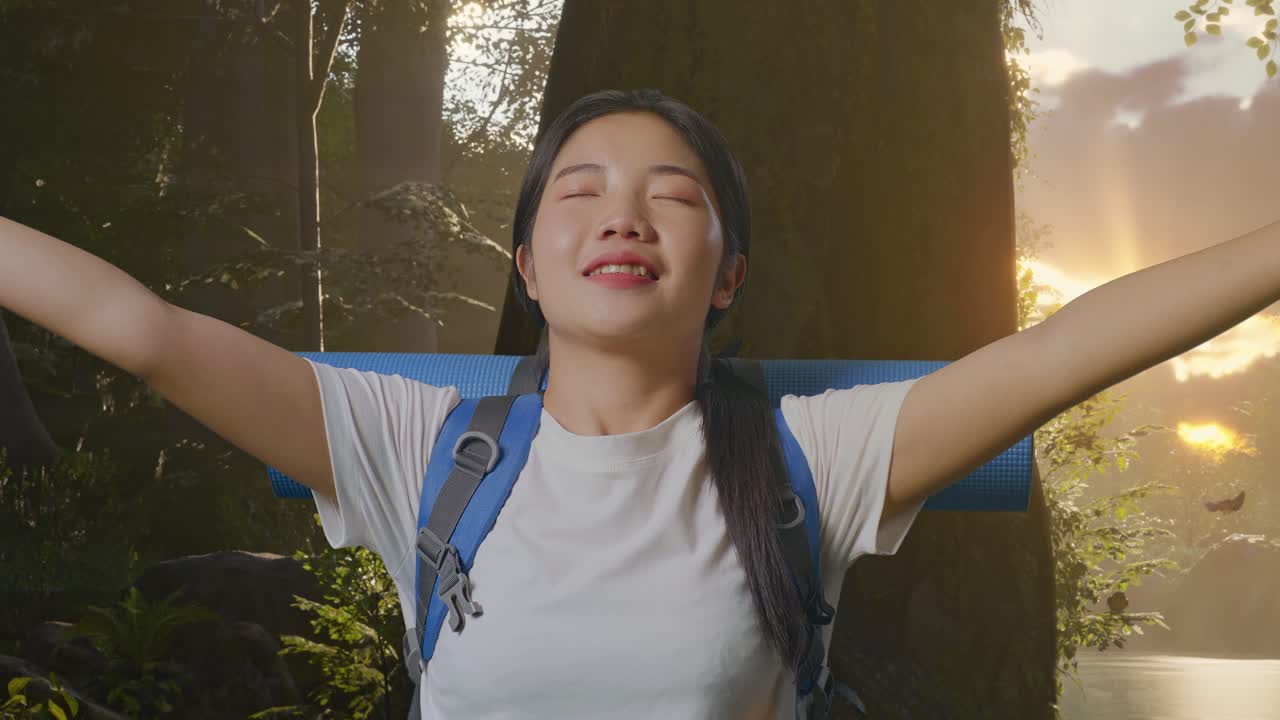 산악 배을 들고 산책하는 아시아 여성 하이커가 미소 짓고 팔을 펴고 숲의 자연을 탐험하는 동안 주변의 풍경을 즐기고 있습니다.