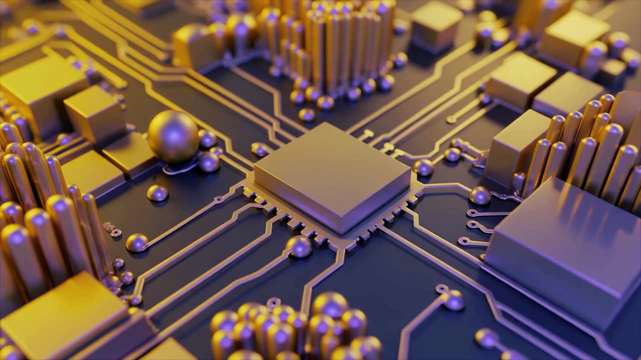 Close-up van een futuristisch goud en blauw computerprintplaat