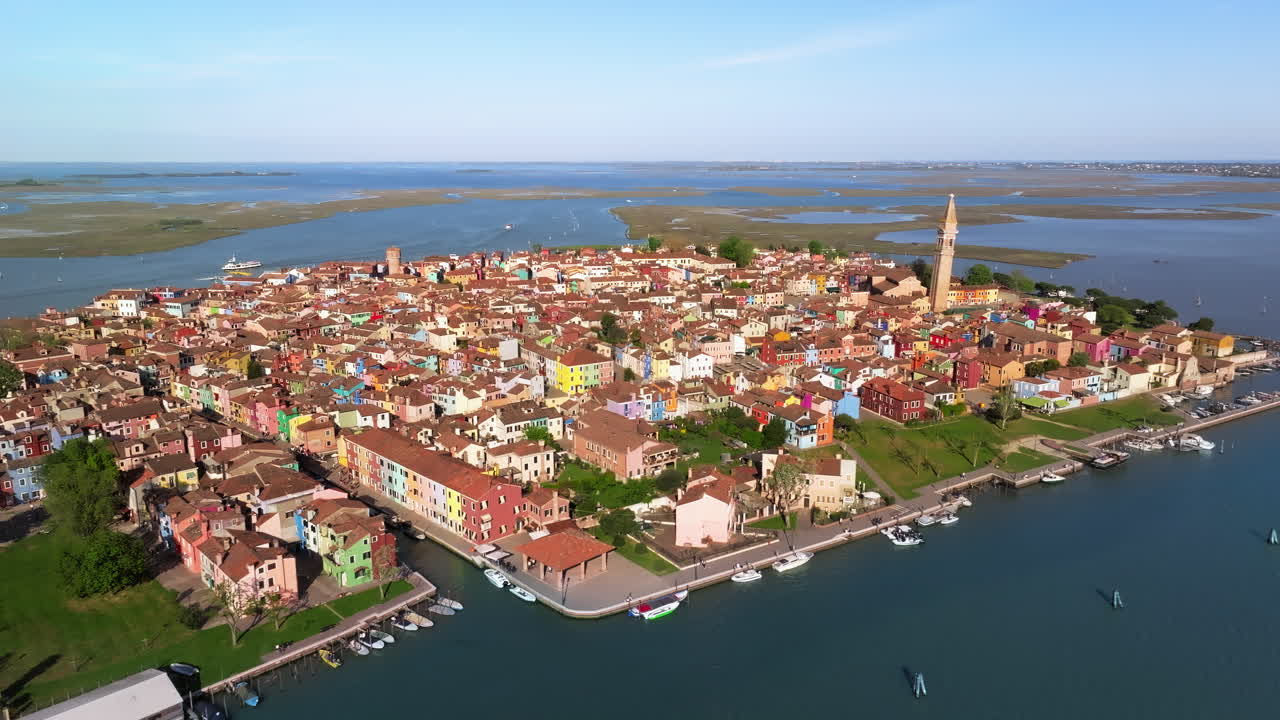 Aerial drone view of the colourful houses of Burano Island, Italy