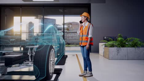 vista lateral completa del cuerpo de una ingeniera asiática con casco de seguridad hablando en teléfono inteligente mientras está de pie con el concepto de vehículo eléctrico