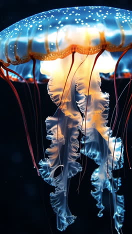 jellyfish glide in dark water. colorful jellyfish float gracefully in dark water, softly glowing and illuminating their tranquil ocean surroundings.
