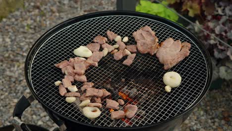 using tongs, a woman places a fresh slice of raw marbled beef steak from a tray onto a hot charcoal grill to cook with pork and garlic at an outdoor garden barbecue