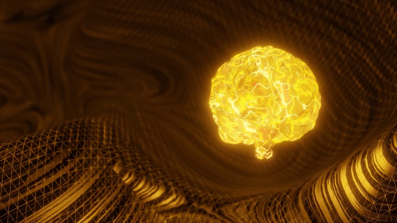 Glowing yellow human brain above abstract digital mesh background. Artificial intelligence and neural network concept. Design for banner, poster, wallpaper, header