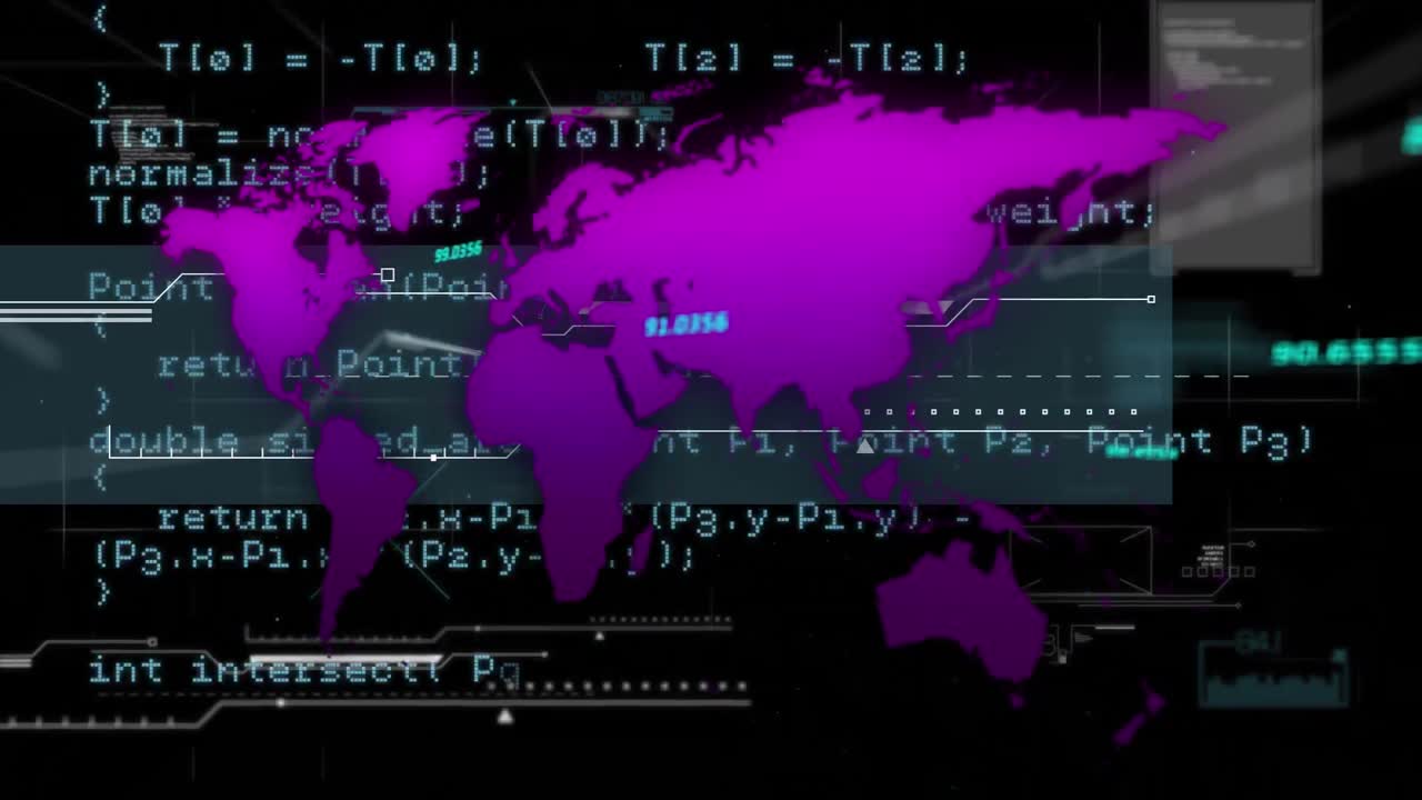 Animation of purple world map and data processing, on black