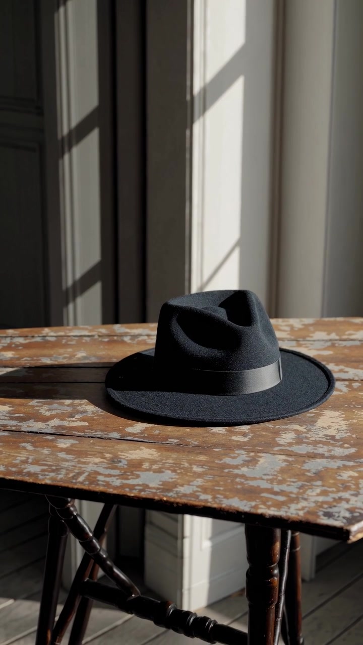 Cappello Fedora nero appoggiato su un tavolo di legno invecchiato