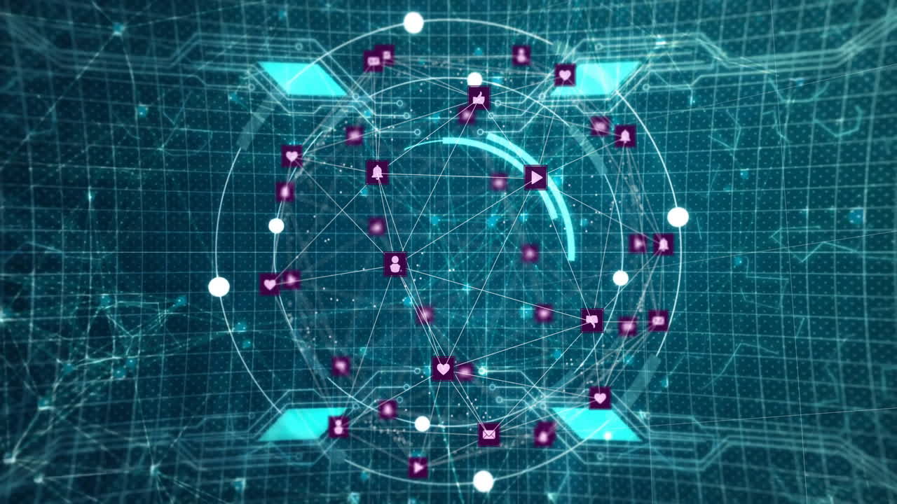 Animation of globe of connections with icons over data processing on blue background
