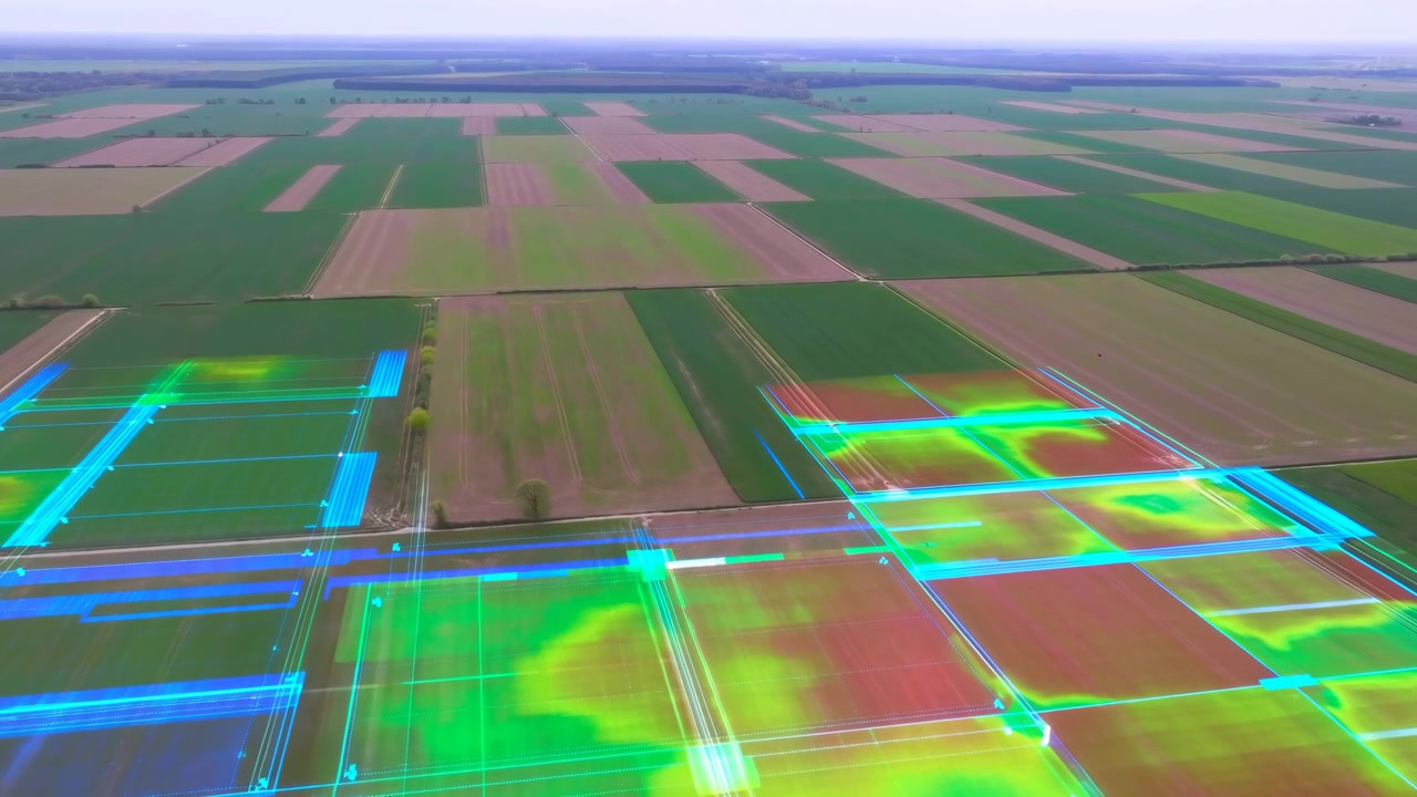 Campi agricoli visti dall'alto con sovrapposizioni digitali che mostrano la mappatura dell'agricoltura di precisione e una mappa di calore della salute delle colture, neon