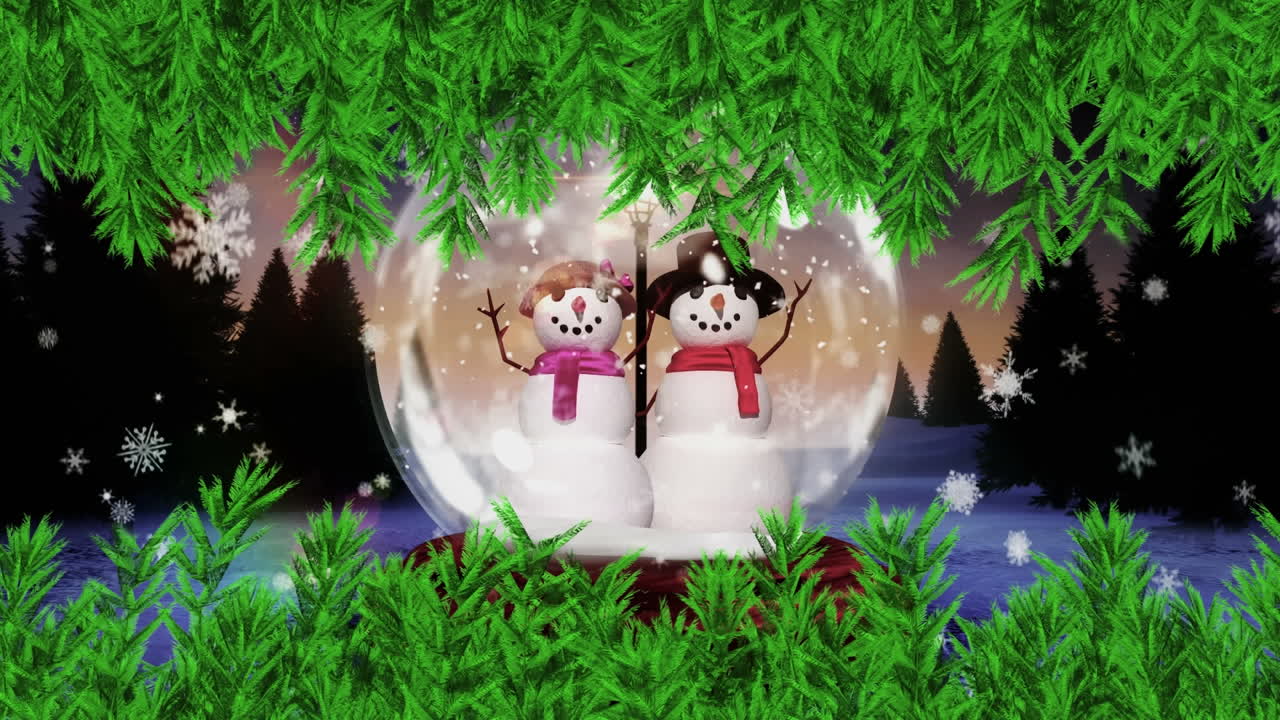 겨울 풍경에서 크리스마스 스노우 글로브 위의 소나무 가지의 애니메이션