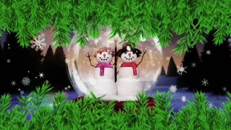 animation of fir tree branches over christmas snow globe in winter scenery