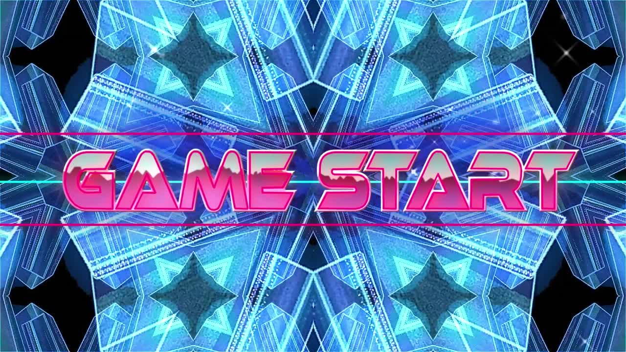 animación del texto de inicio del juego en letras metálicas rosadas sobre un caleidoscopio azul