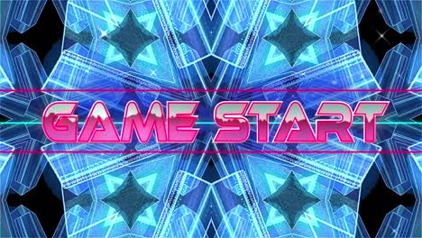animation of game start text in pink metallic letters over blue kaleidoscope