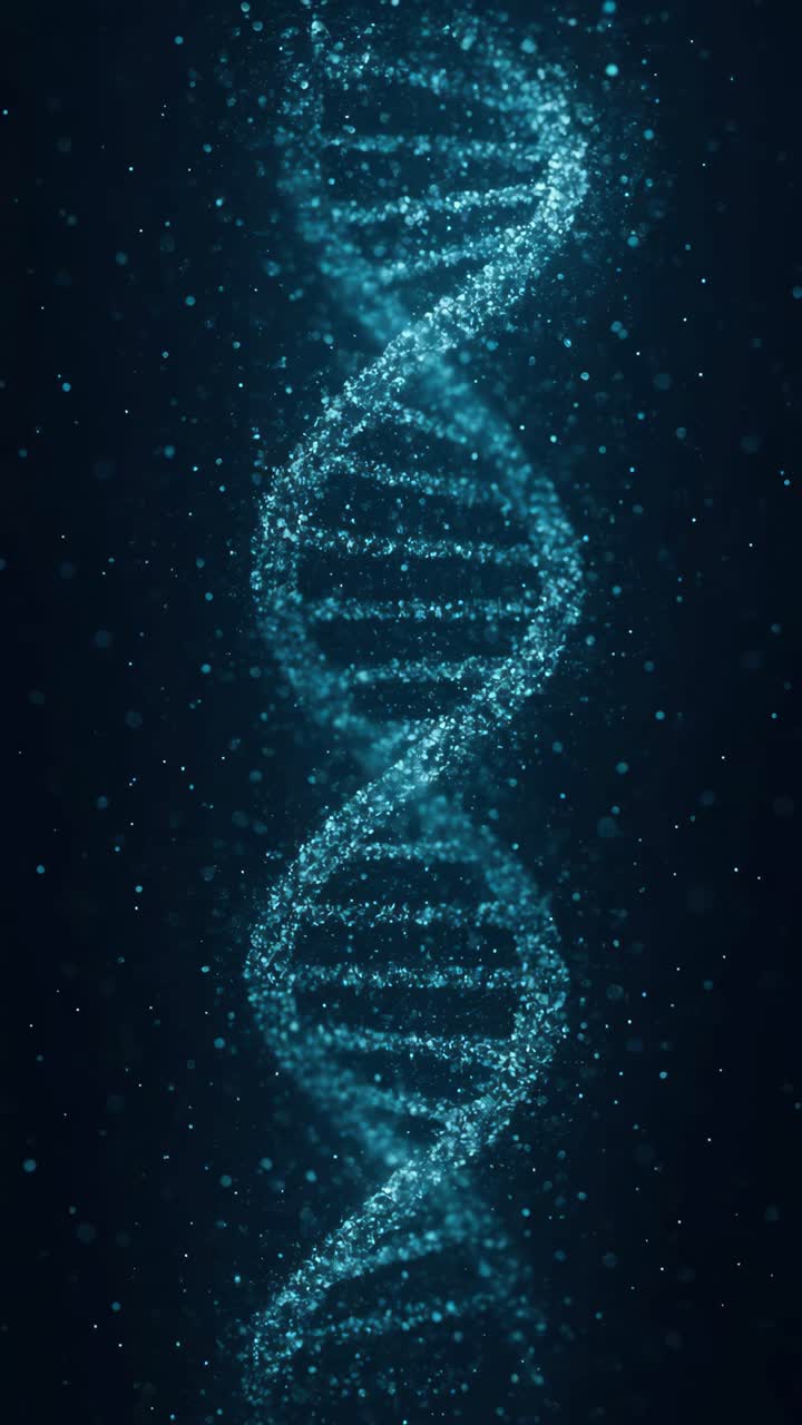 Un video verticale di un filamento di DNA luminoso con un angolo ravvicinato, su uno sfondo scuro