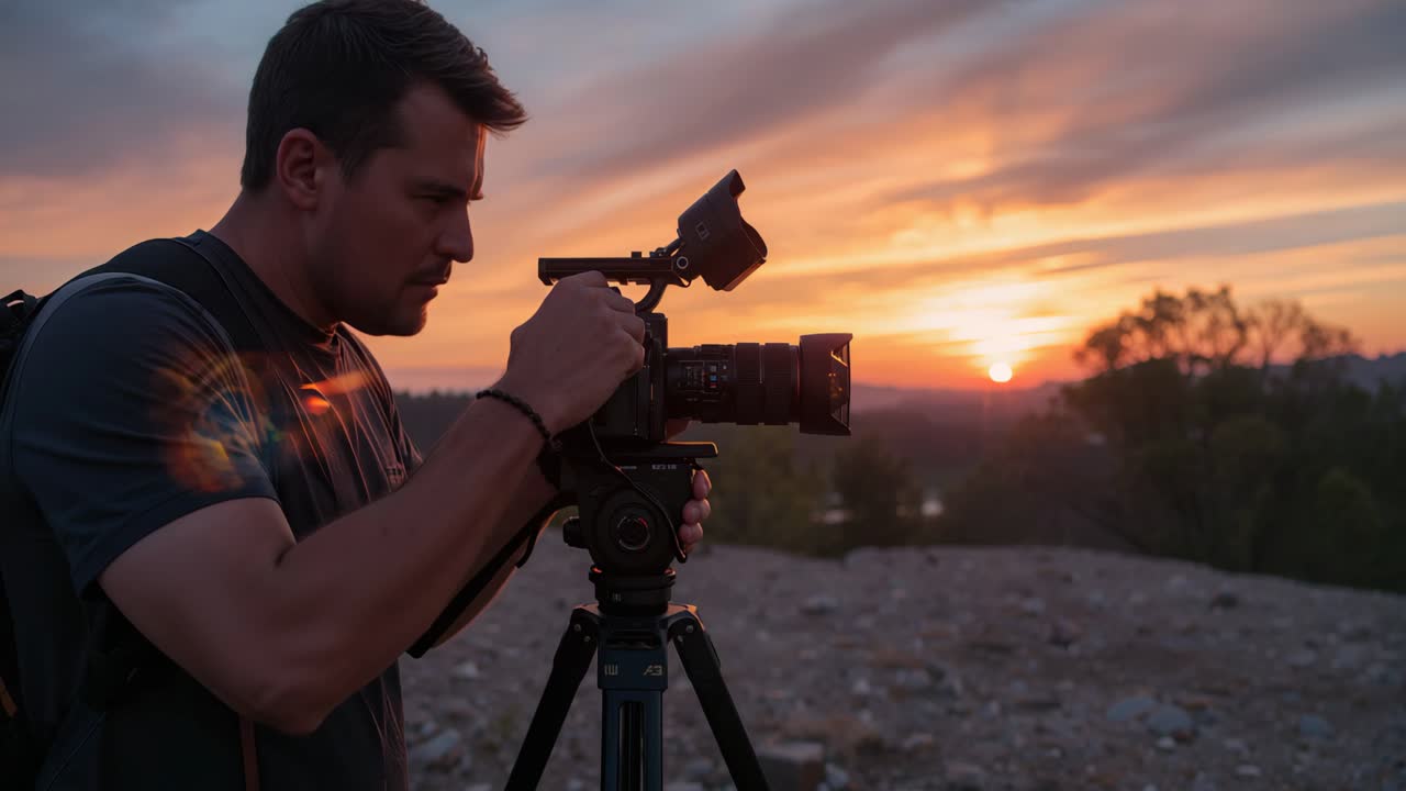 Photographer filming sunset with professional camera