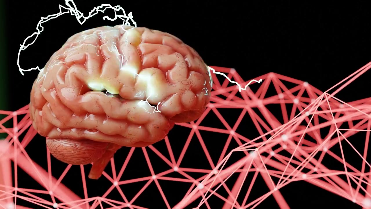 Menneskehjerne med nevrale elektriske gnister og rødt digitalt nettgitter på svart bakgrunn. 3D-gjengitt illustrasjon. Konsept for kunstig intelligens, nevrale nettverk og kognitiv vitenskap.