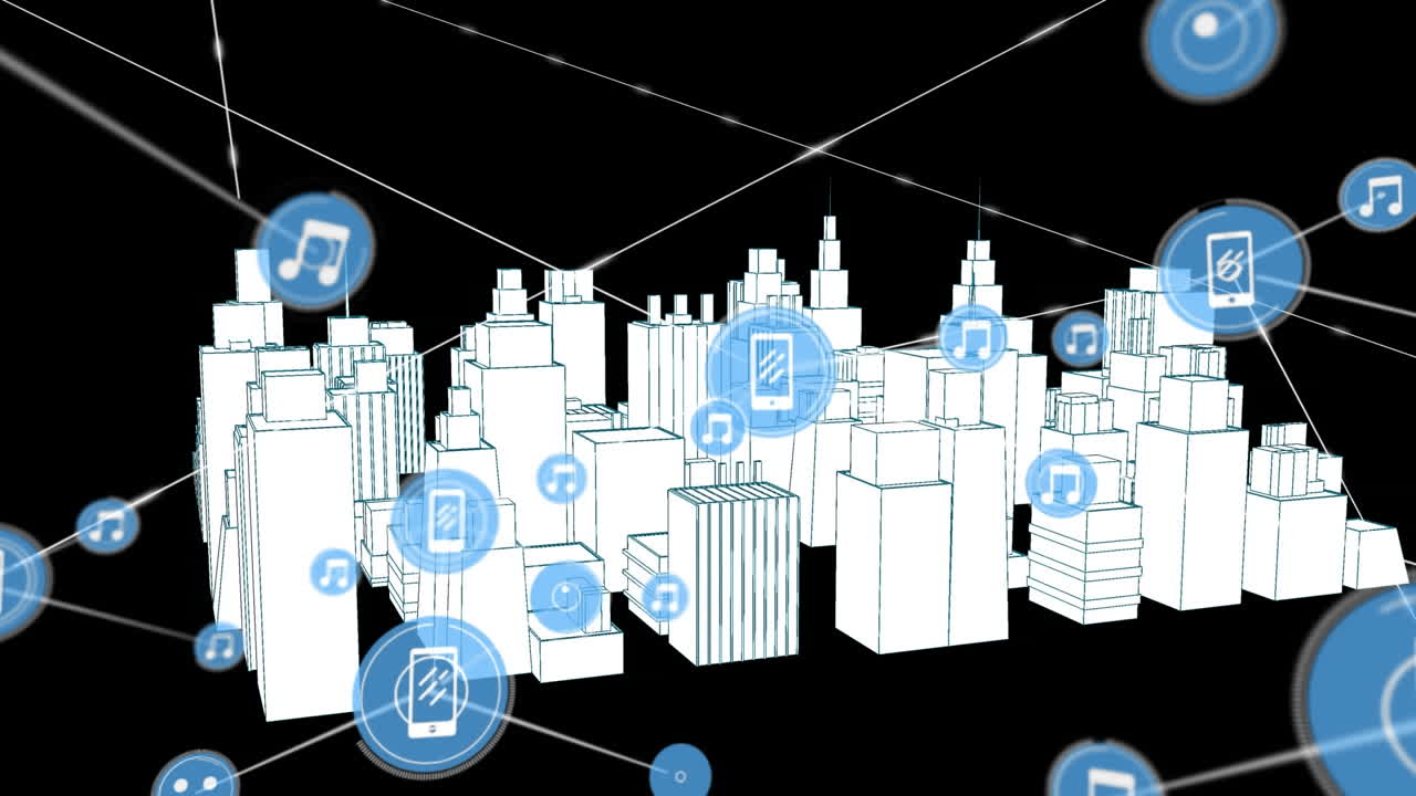 검은 바탕에 회전하는 3d 도시 그림 위에 아이콘으로 연결된 네트워크의 애니메이션