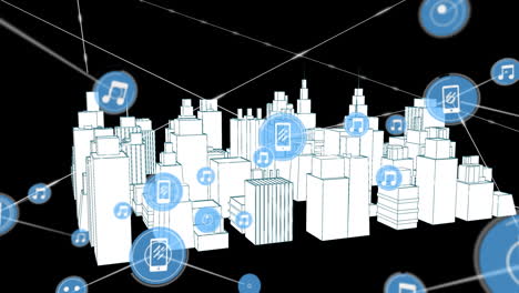 Animation of networks of connections with icons over 3d city drawing spinning on black background