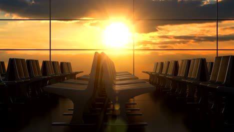 looped animation of empty airport departure hall against scenic sunset