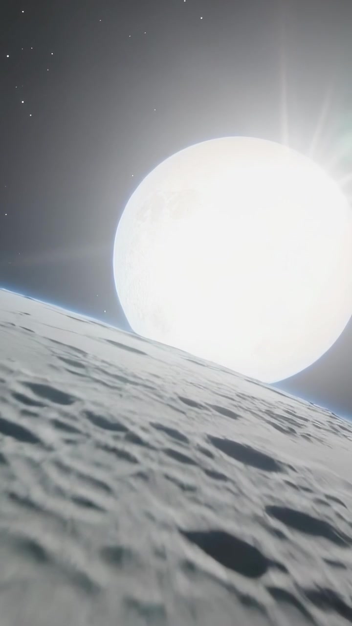 Video verticale: Disco stellare che sorge illuminando una superficie craterizzata da un'orbita bassa, rivelando un bordo blu.