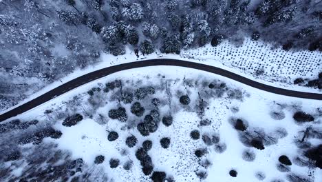 Vista-Aérea-De-Arriba-Hacia-Abajo-De-La-Carretera-De-Montaña-Cubierta-De-Nieve-En-Altos-Vosgos,-Francia