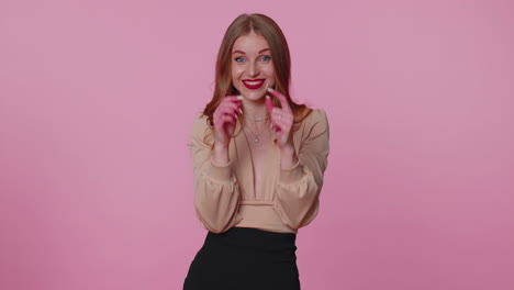 Businesswoman-in-blouse-showing-need-a-little-bit-gesture-with-sceptic-smile,-showing-minimum-sign