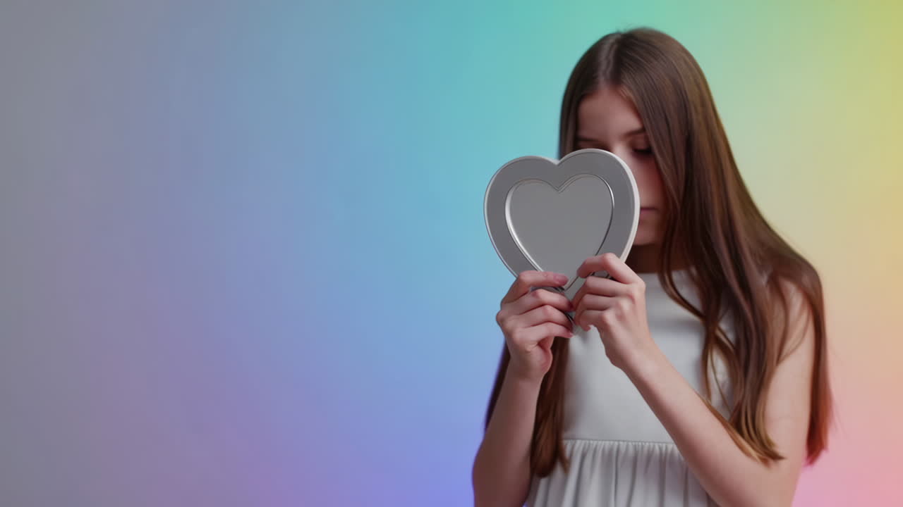 Girl Hiding Her Face with a Heart-Shaped Mirror