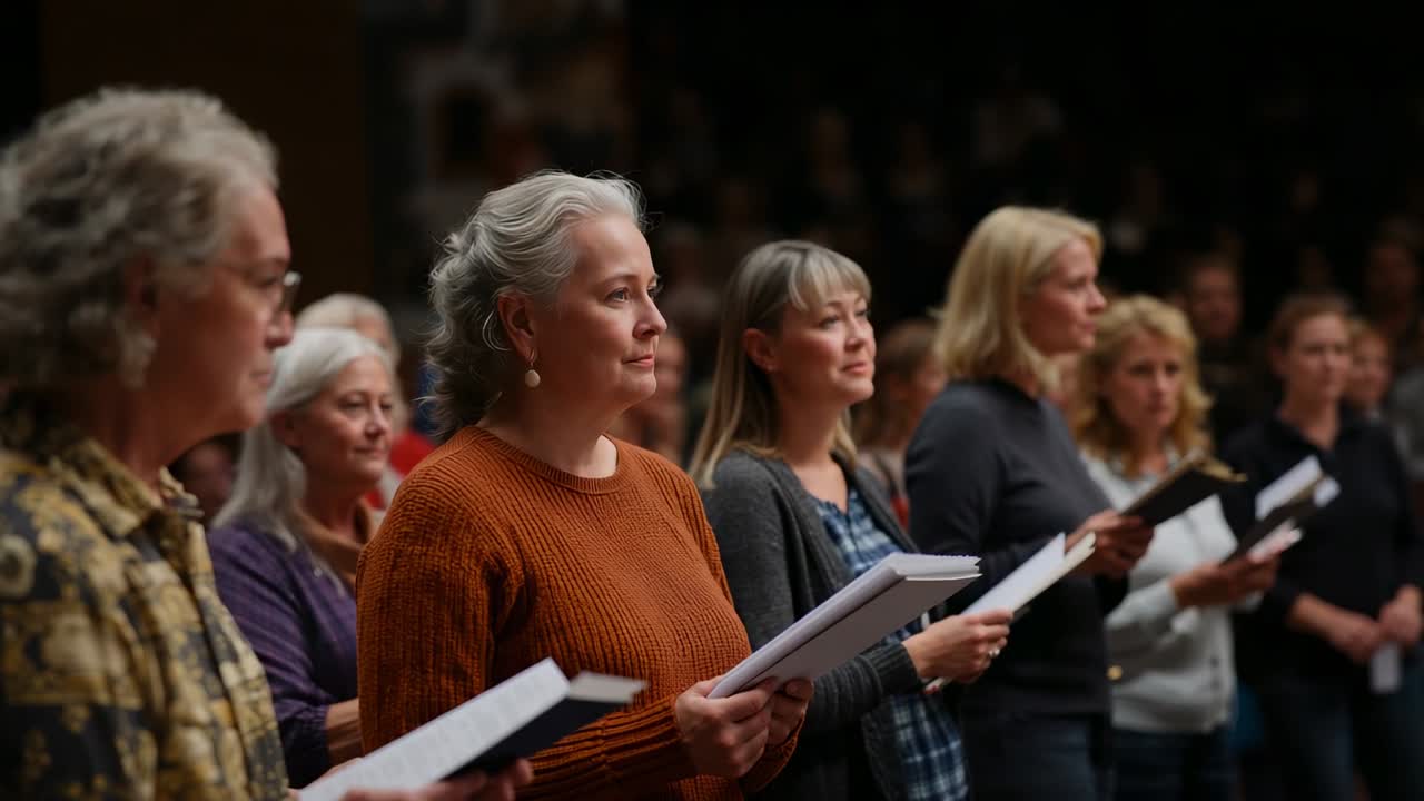 Zoom della telecamera che mette in risalto un cantante senior che dirige il coro sul palco, guidando le armonie con i raccoglitori