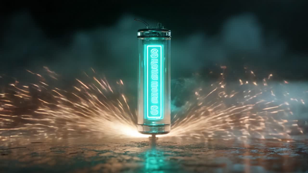 Futuristic neon battery cell concept generating electric sparks and smoke on a dark, wet surface, symbolizing advanced power, charging technology, and a source of high voltage energy