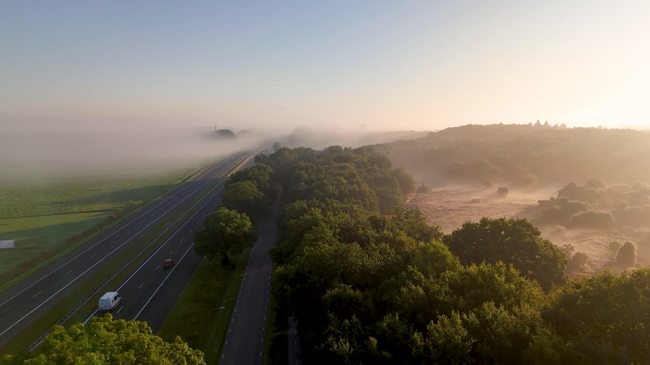 Aerial View of a Foggy Highway and Forest at Sunrise