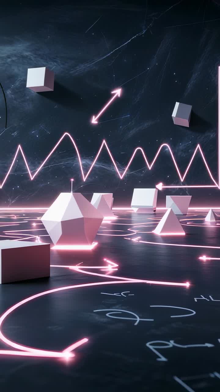 Vertical video: Materializing neon waveform illuminating white solids tracing paths on dark floor