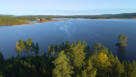 drone shot flying above a forest towards lake naren in sweden at sunrise.