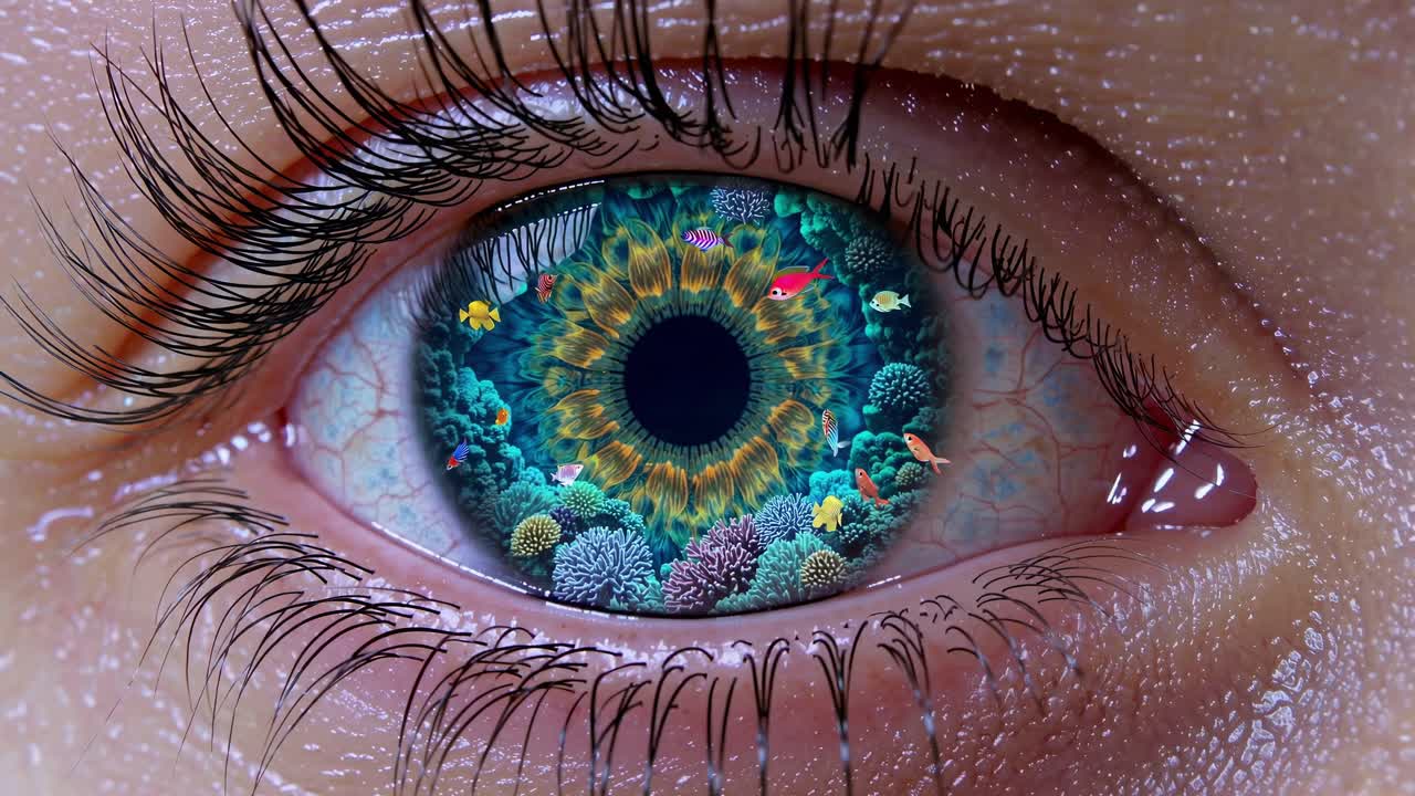 Colorful coral reef and tropical fish swimming in the pupil of an eye, creating a surreal and captivating oceanic vision with different color variations