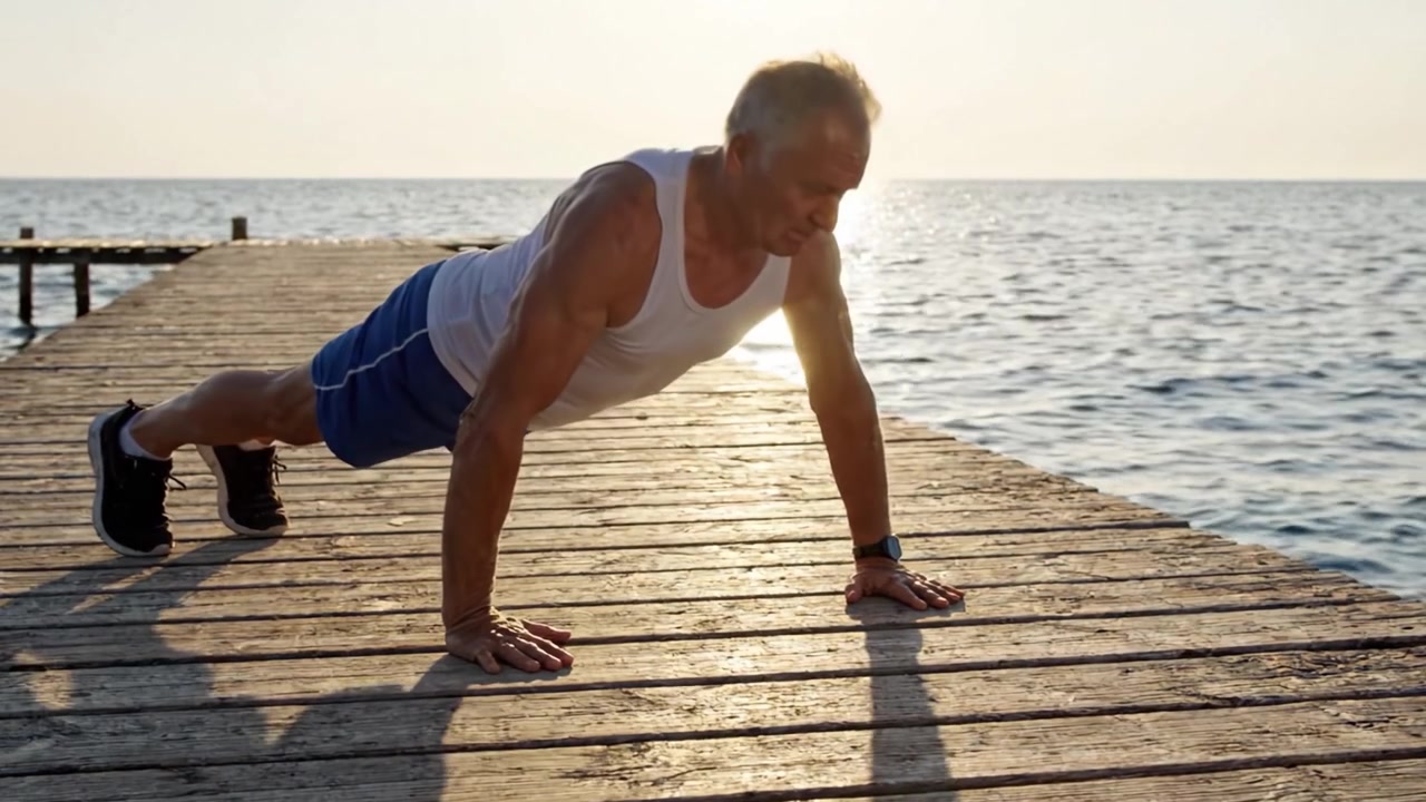 Uomo anziano che esegue flessioni all'alba su un molo che si affaccia su acque tranquille, enfatizzando fitness, forza e benessere in età avanzata