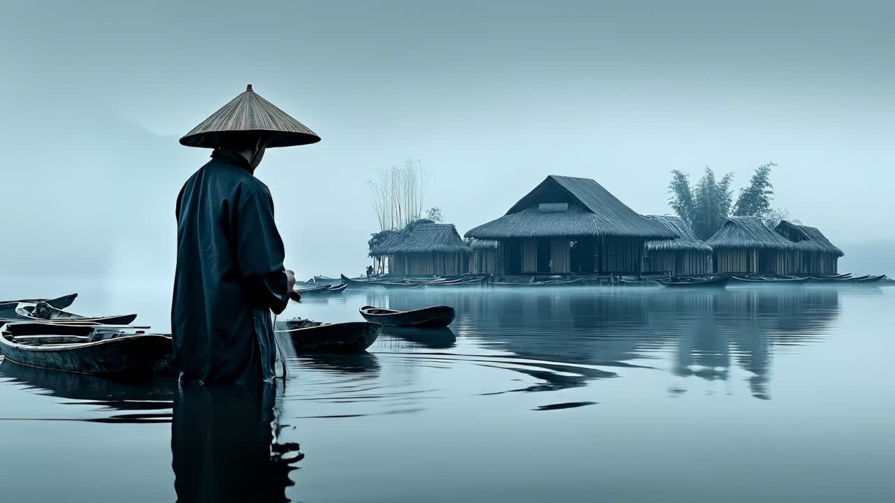 Ngư dân trên hồ yên ả vào buổi sáng. Một ngư dân đứng dưới nước, dùng lưới bắt cá gần những ngôi nhà gỗ trong ánh sáng ban mai trên hồ.