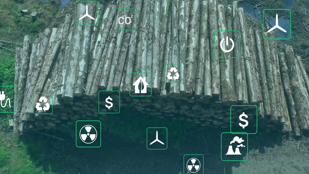 Displaying stacked tree logs from aerial view, overlaying recycling and energy icons in flat design