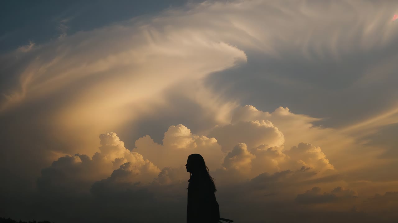Opening shot showing lone woman reflecting on plain at sunset, with golden clouds, copy space