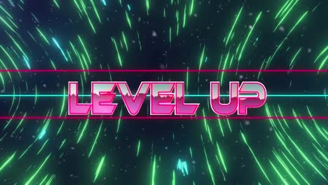 Animation-of-level-up-text-banner-over-green-light-trails-spinning-against-black-background