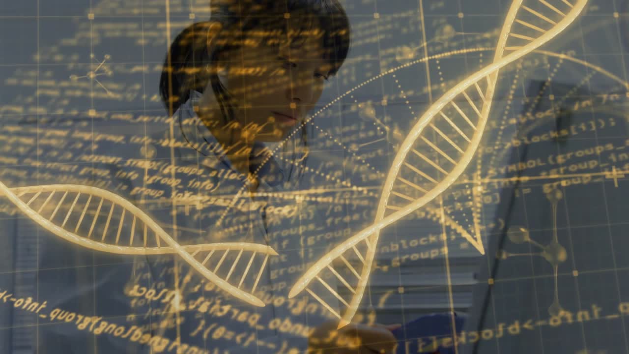 Kvinde holder blå tablet, tapper, vipper og ser, hvilket får DNA til at drive og brugerfladen (UI) til at justere, analyserer.