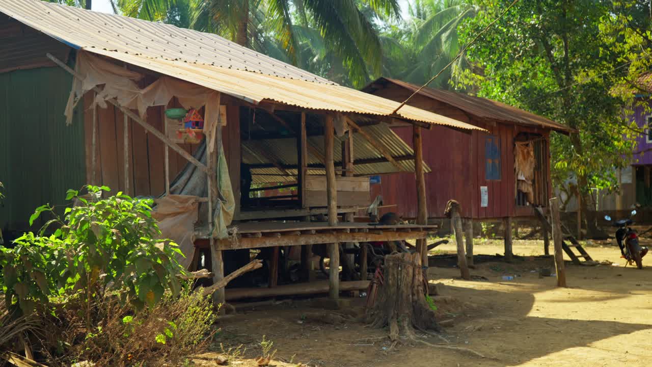 Rural Cambodian stilt house stands in shade of palm trees and dry earth clearing