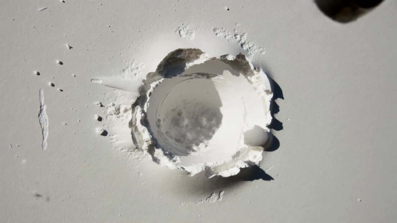 Cutting hole saw creating circular cavity in white plaster panel, hammer tapping dislodging plug