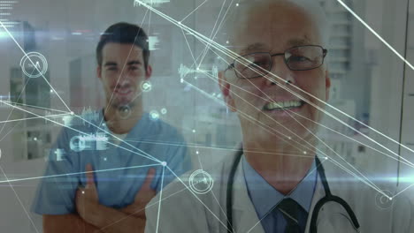 doctors in hospital with digital network connections and data overlay animation